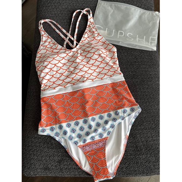 Women's One Piece Swimsuit Scoop Neck Double Straps Geo-Print Swimwear - Picture 3 of 4